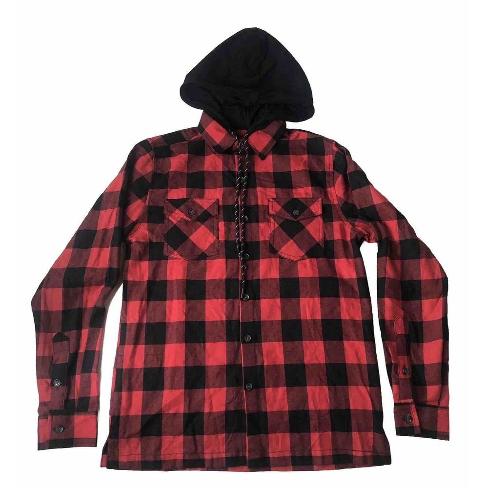 Monument Men’s Super Soft Hooded Flannel Red Black Plaid Size Medium